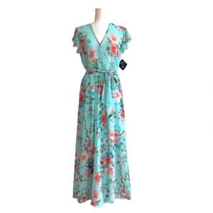Kate & Lily Blue Pink Floral Chiffon Tie Belt Short Sleeve Maxi Dress Size 6 NEW